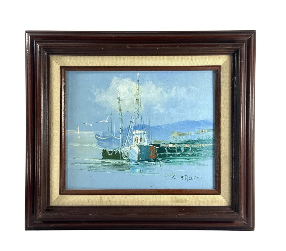 L Sallas Original Oil Painting Fishing Boats Harbor Nautical Seascape Signed